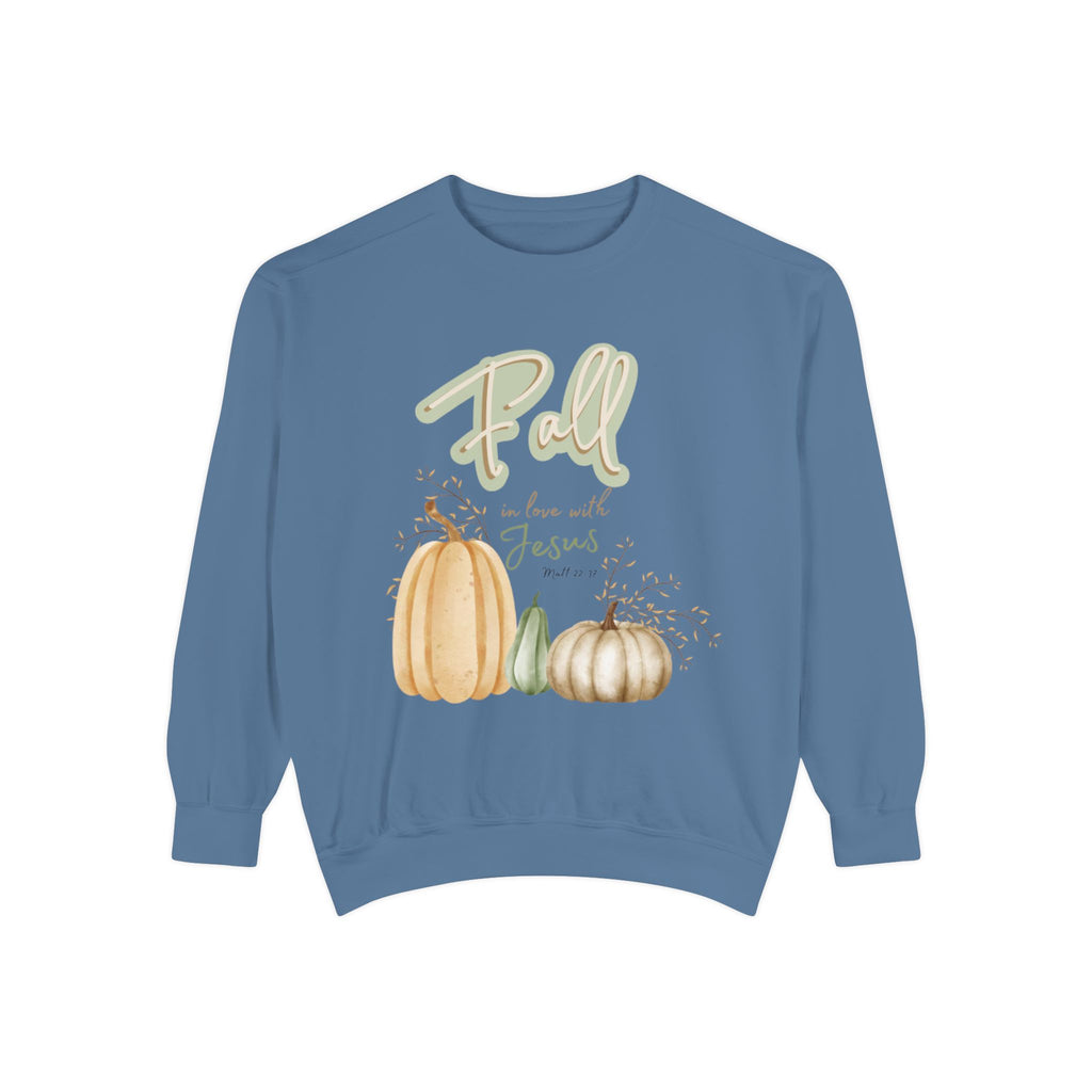 Women's Fall in love with Jesus Garment-Dyed Sweatshirt, Cozy Autumn Style, Seasonal Gift, Christian Sweatshirt, Thanksgiving Apparel, Pumpkin Design