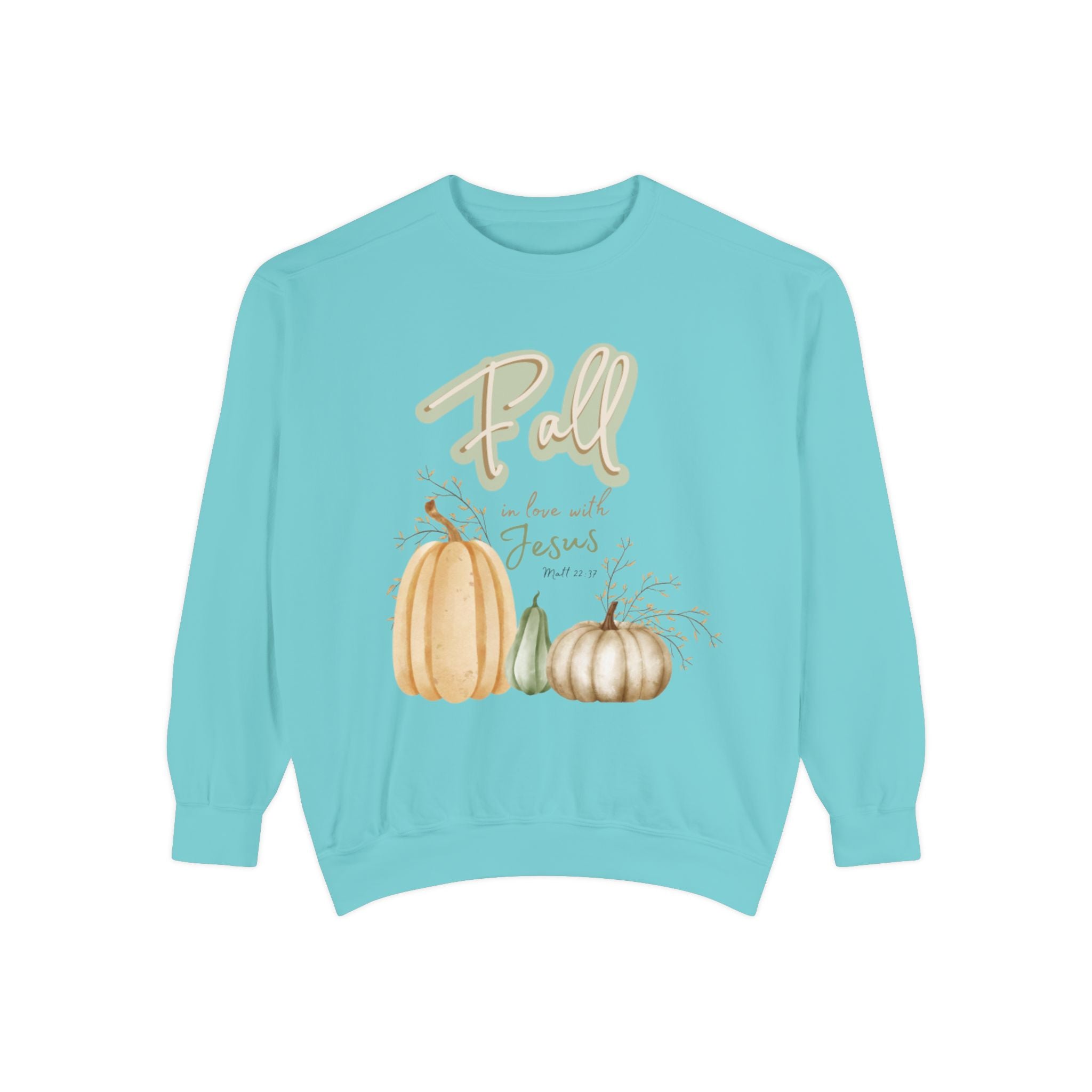 Women's Fall in love with Jesus Garment-Dyed Sweatshirt, Cozy Autumn Style, Seasonal Gift, Christian Sweatshirt, Thanksgiving Apparel, Pumpkin Design