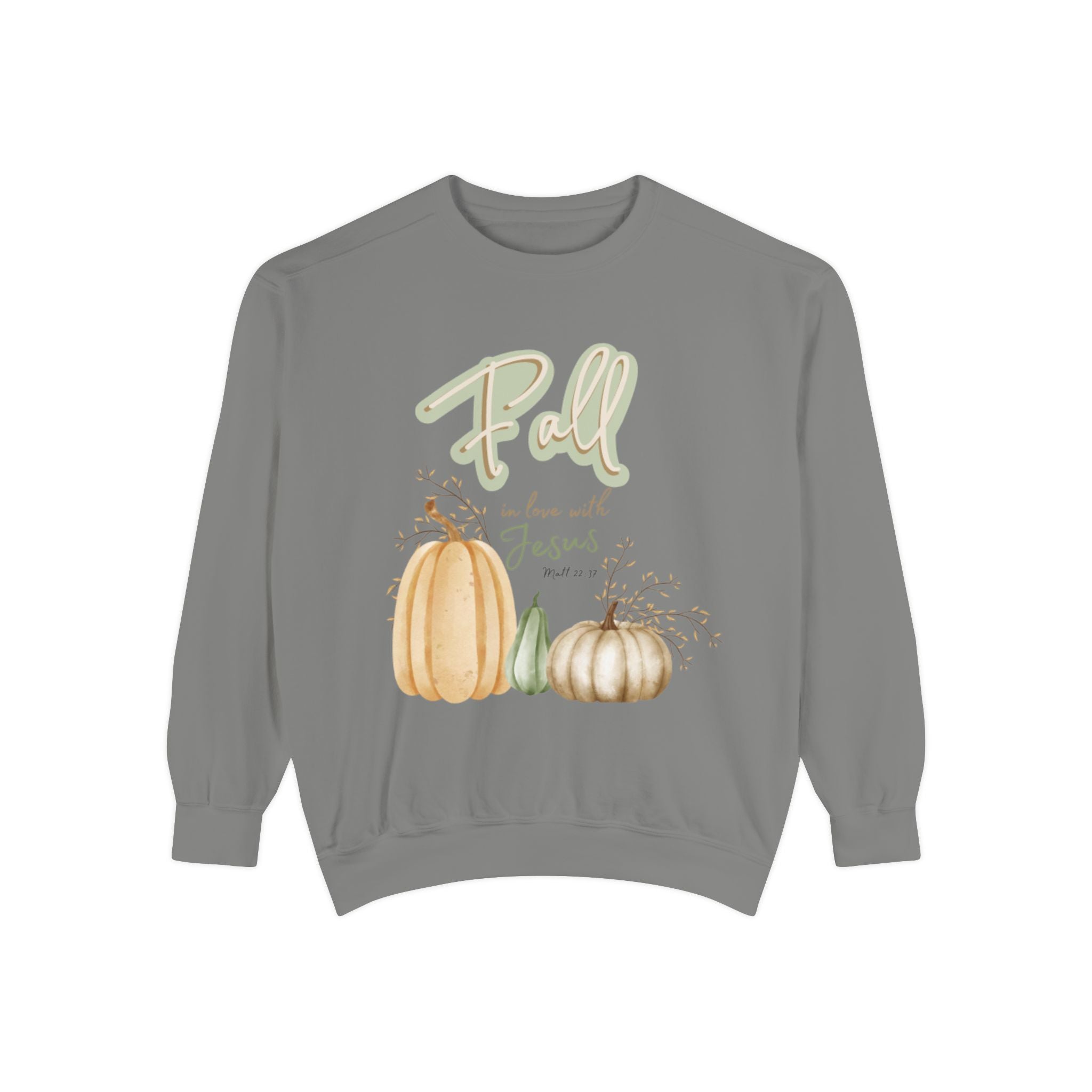 Women's Fall in love with Jesus Garment-Dyed Sweatshirt, Cozy Autumn Style, Seasonal Gift, Christian Sweatshirt, Thanksgiving Apparel, Pumpkin Design