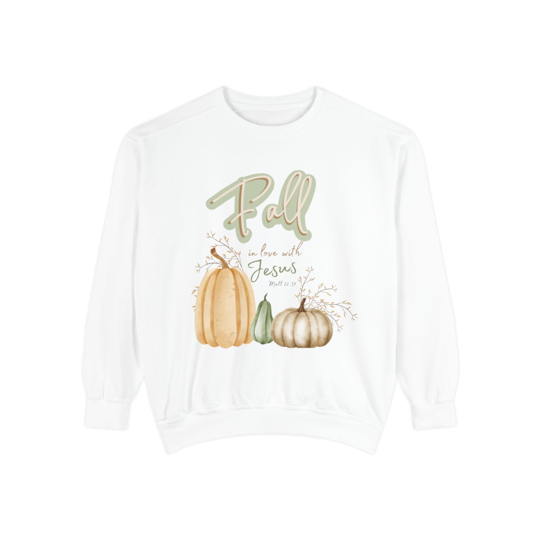 Women's Fall in love with Jesus Garment-Dyed Sweatshirt, Cozy Autumn Style, Seasonal Gift, Christian Sweatshirt, Thanksgiving Apparel, Pumpkin Design
